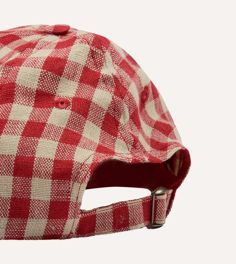 Red Gingham Check Linen Baseball Cap