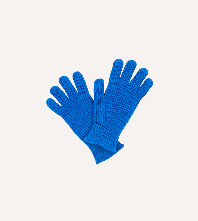 Blue Lambswool Ribbed Knitted Gloves