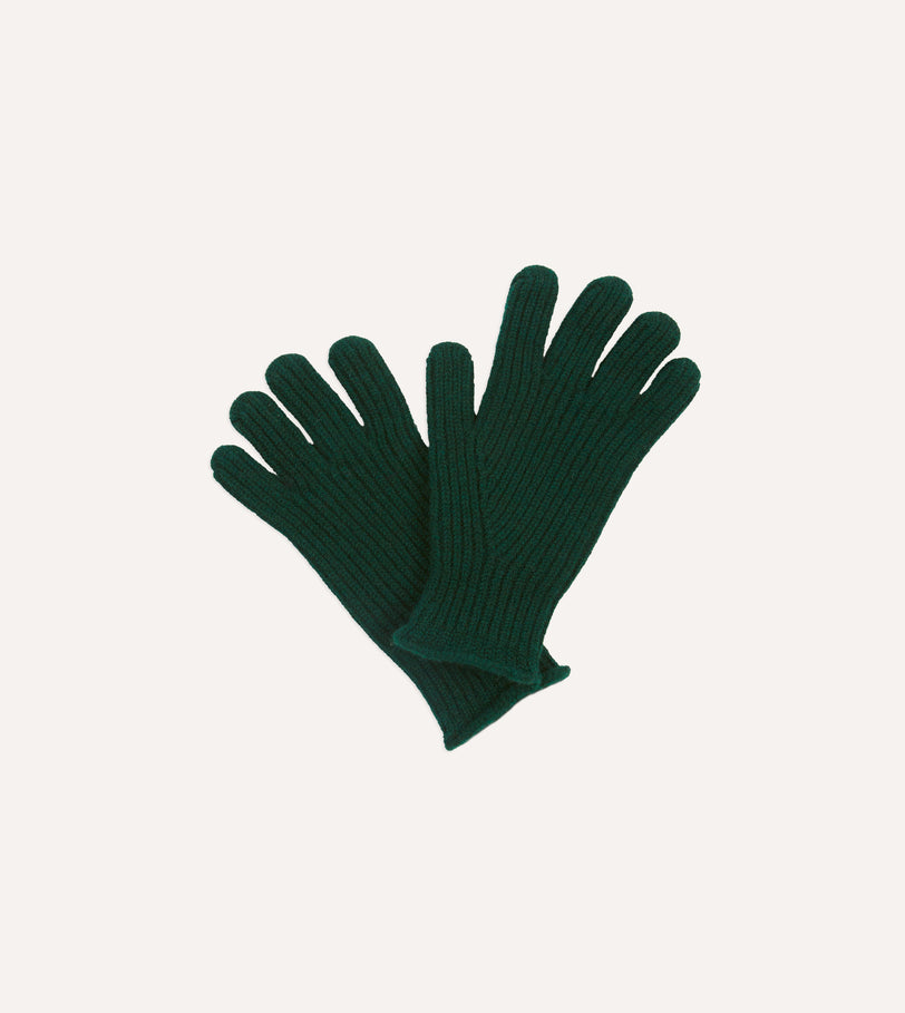 Dark Green Lambswool Ribbed Knitted Gloves