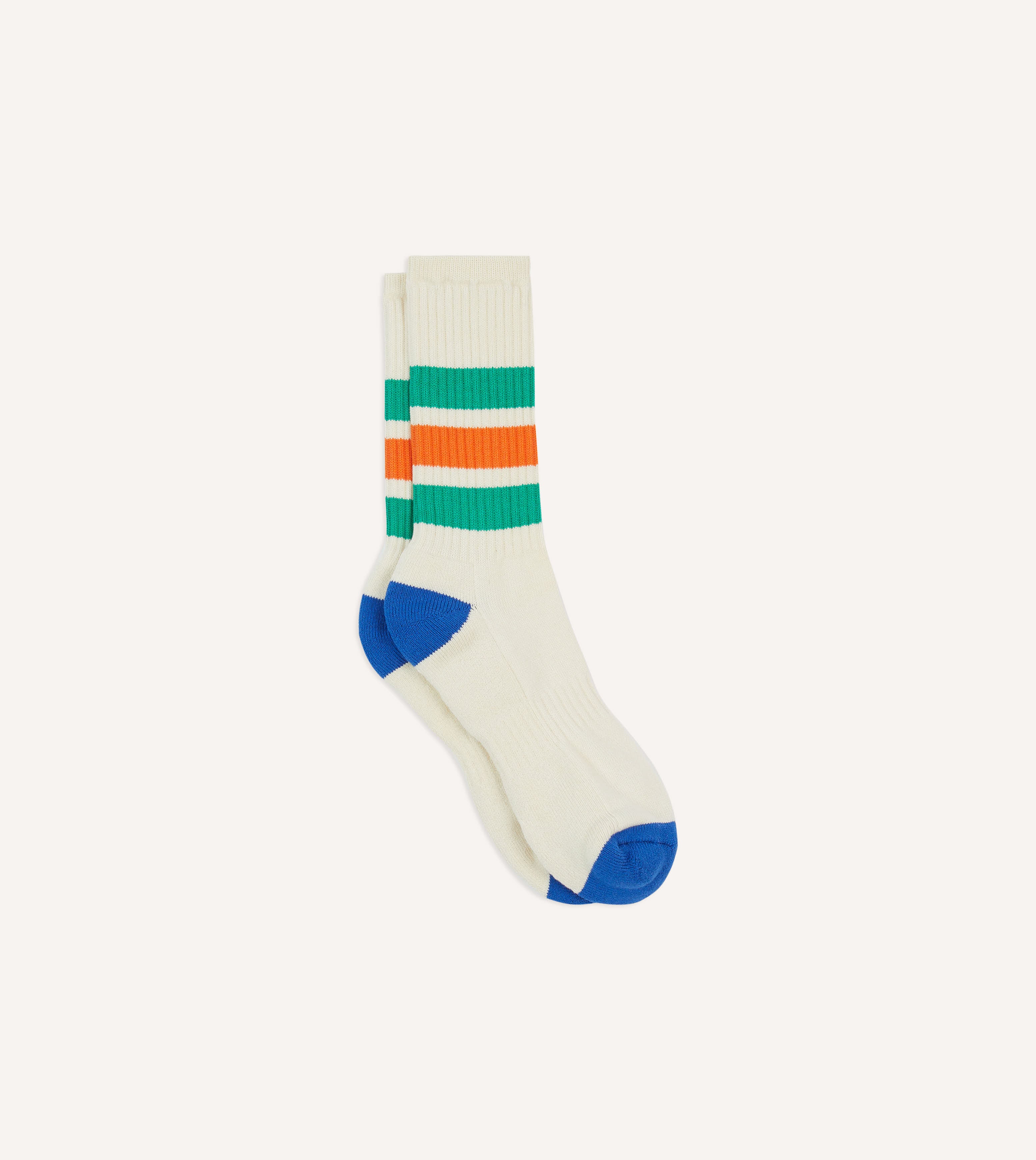 Ecru, Green and Orange 3 Stripe Cotton Sports Sock