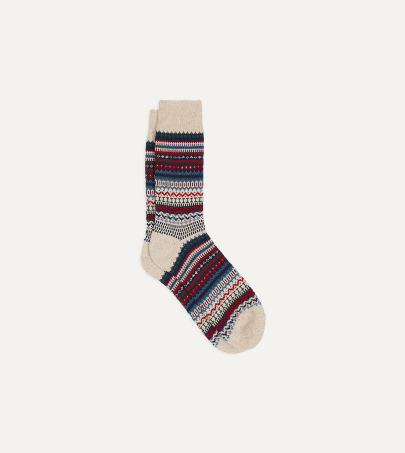 RoToTo Ecru and Navy Wool Nordic Pattern Socks