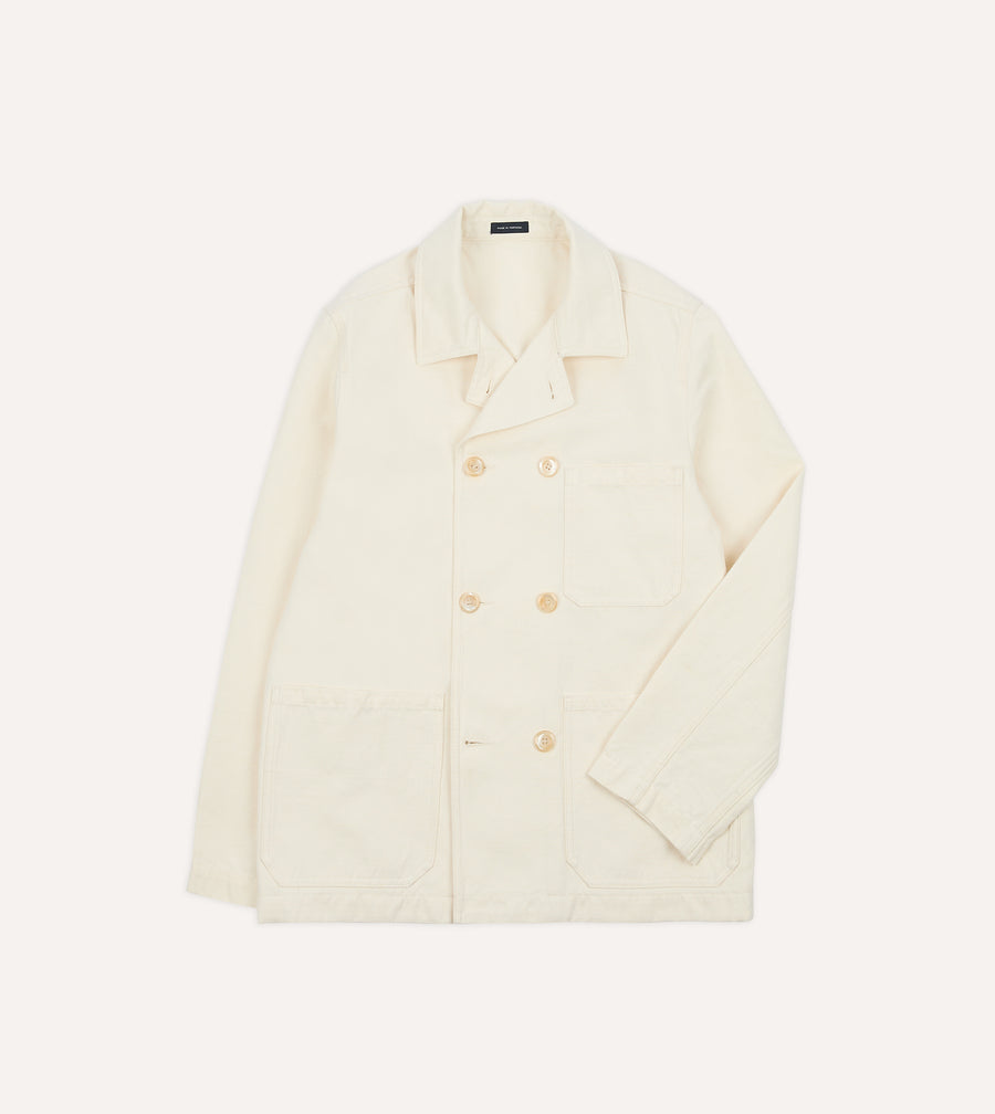 Ecru Cotton-Linen Double-Breasted Chore Coat
