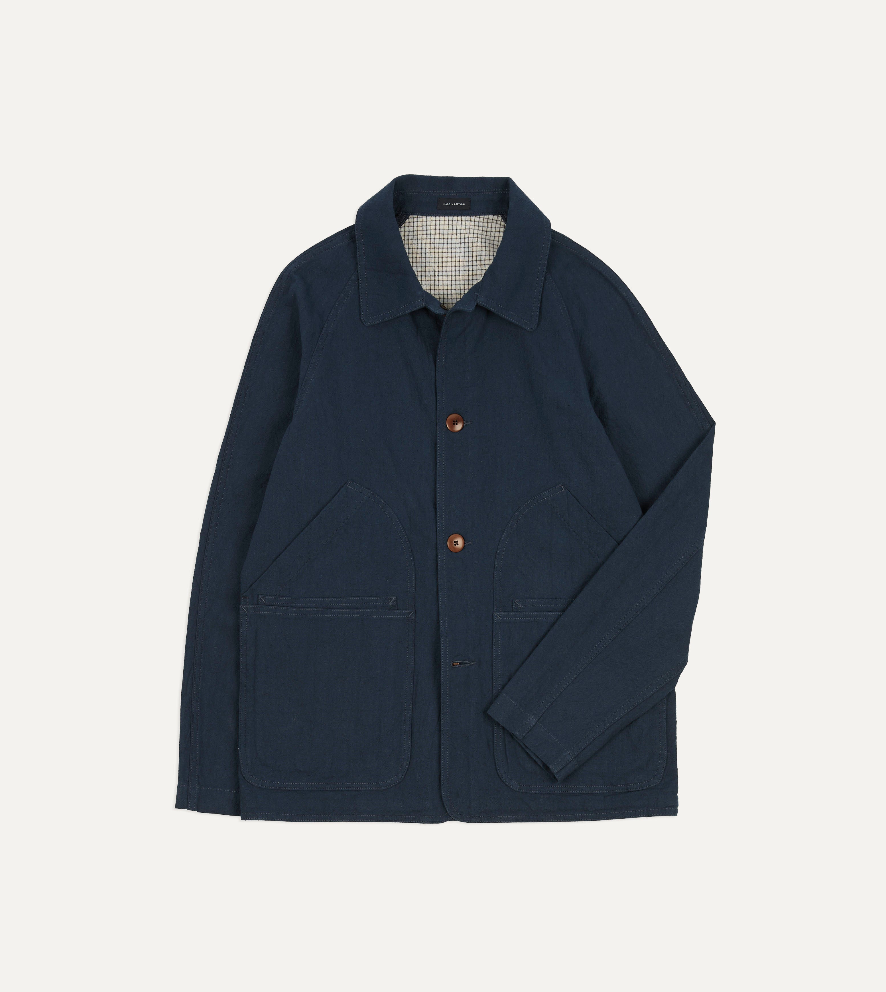 Drake's Navy Cotton-Linen Raglan Work Coat for Men, 36