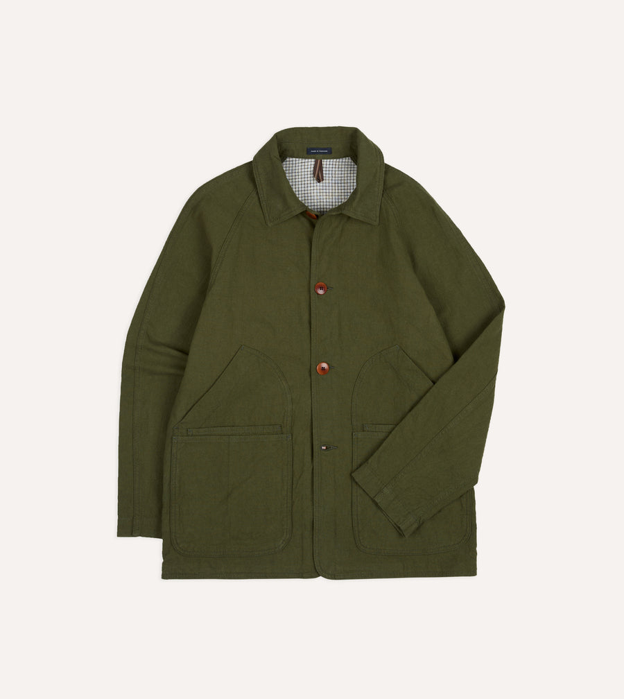 Green Cotton-Linen Raglan Work Coat