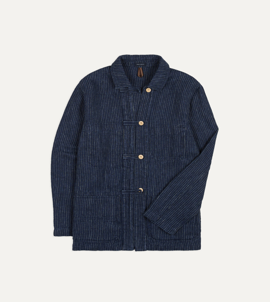 Indigo Stripe Linen Loop Button Chore Jacket