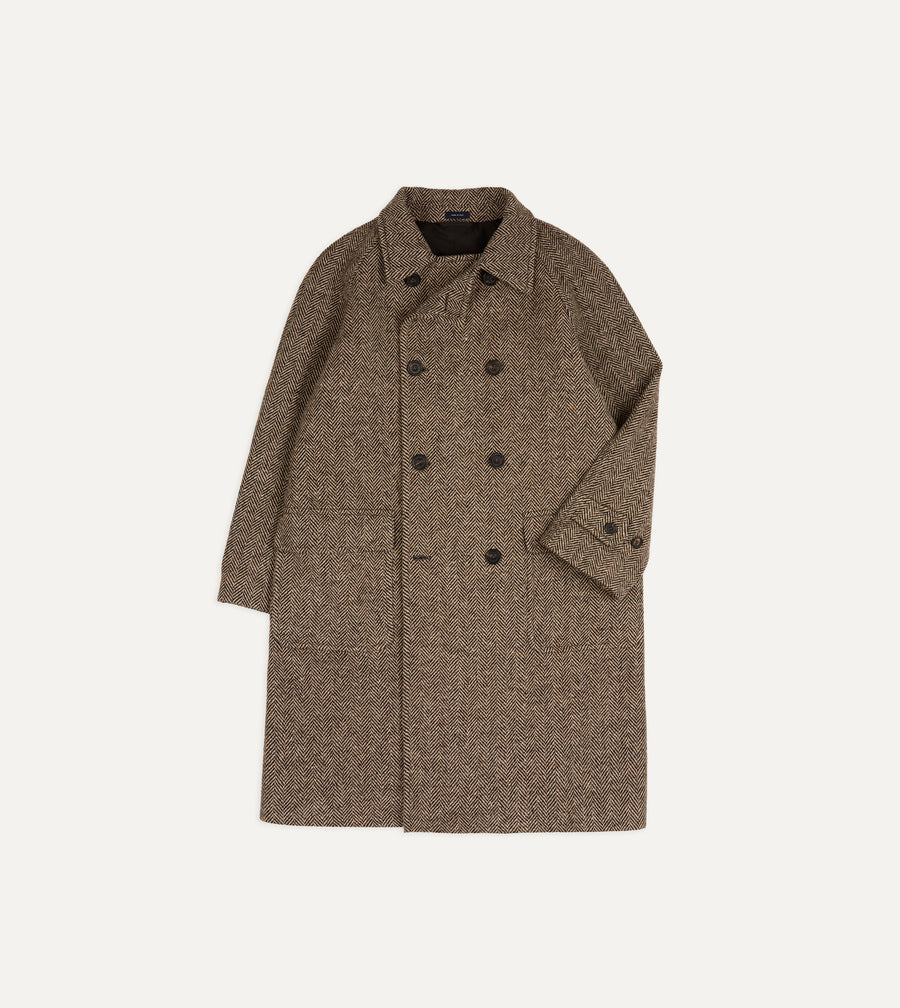 Brown Herringbone Wool Double-Breasted Raglan Coat