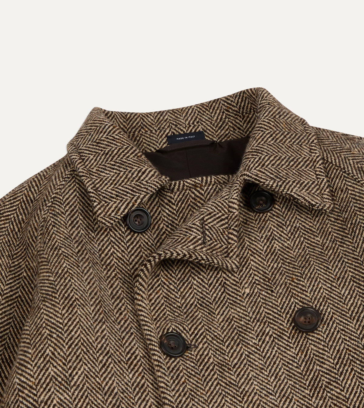 Brown Herringbone Wool Double-Breasted Raglan Coat
