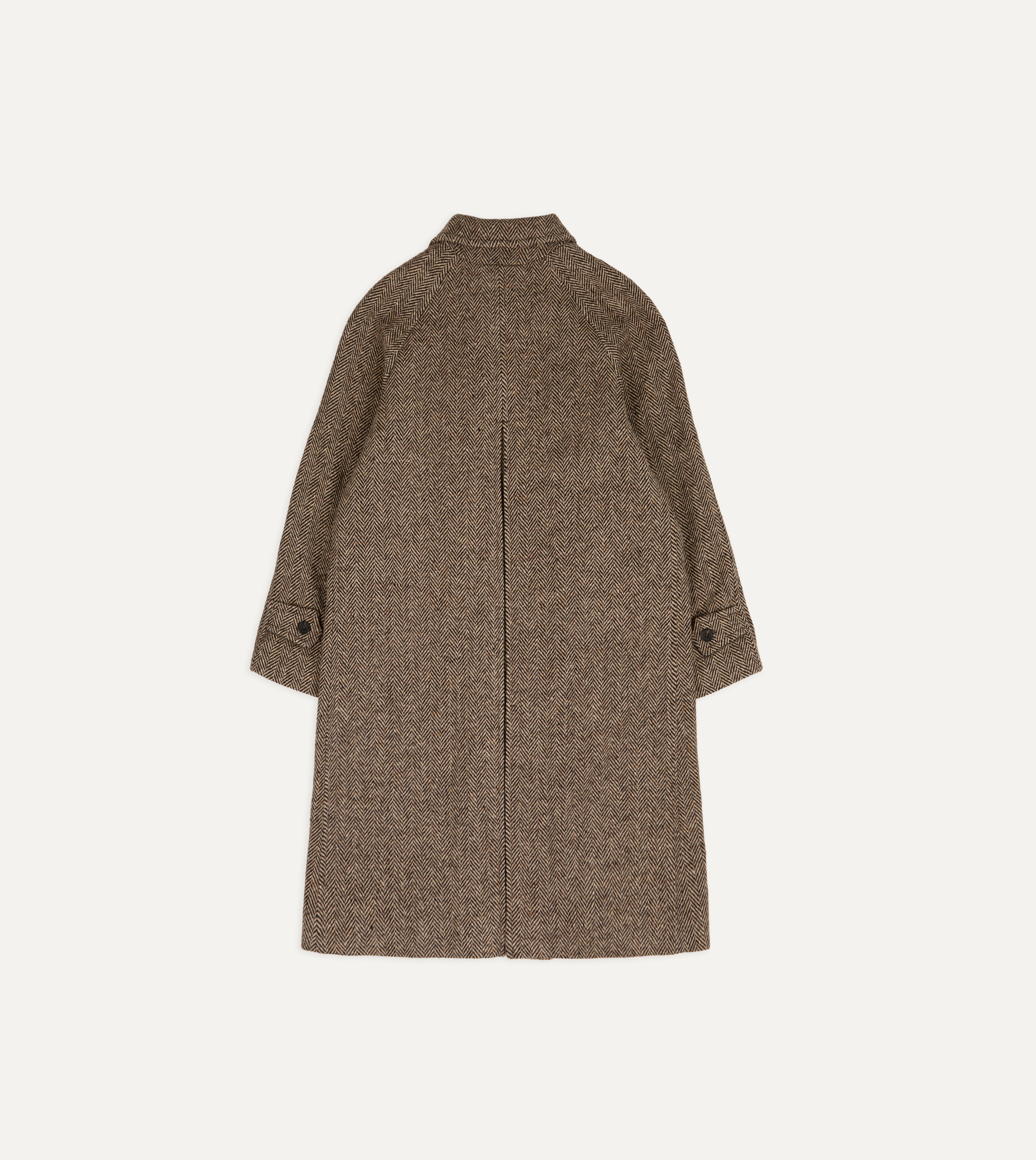 Brown Herringbone Wool Double-Breasted Raglan Coat