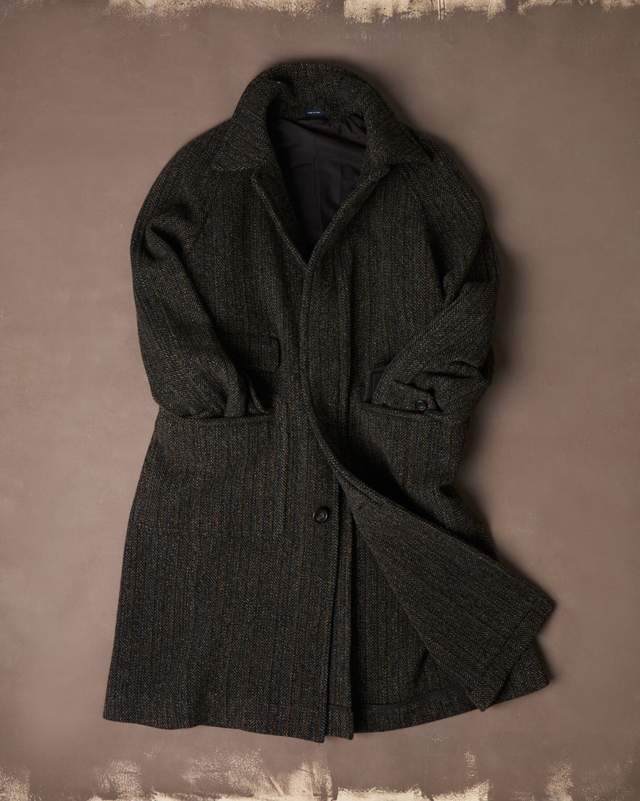 Grey Herringbone Wool Raglan Coat