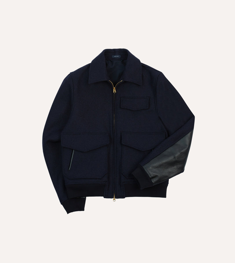 Navy Wool and Leather A-2 Bomber Jacket