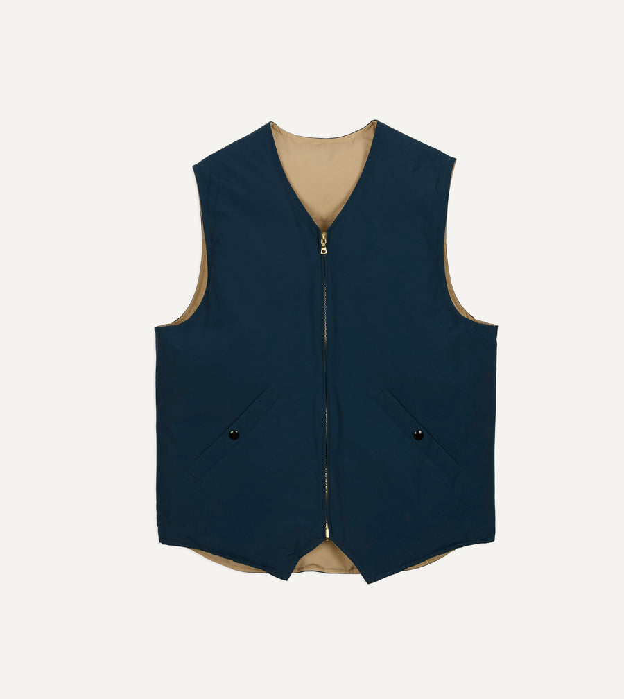 Blue and Ecru Cotton-Nylon Reversible Down Vest