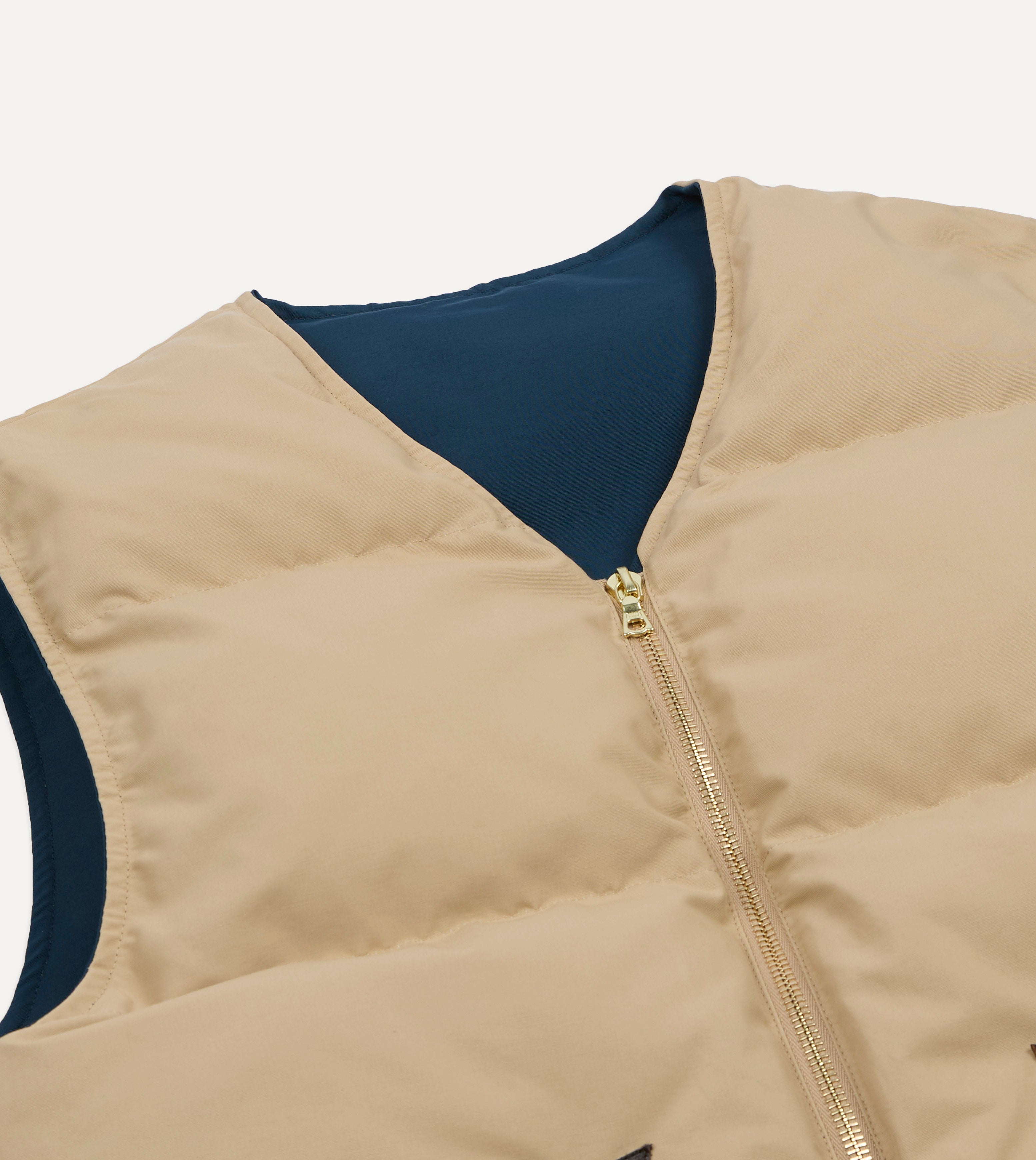 Blue and Ecru Cotton-Nylon Reversible Down Vest – Drakes US