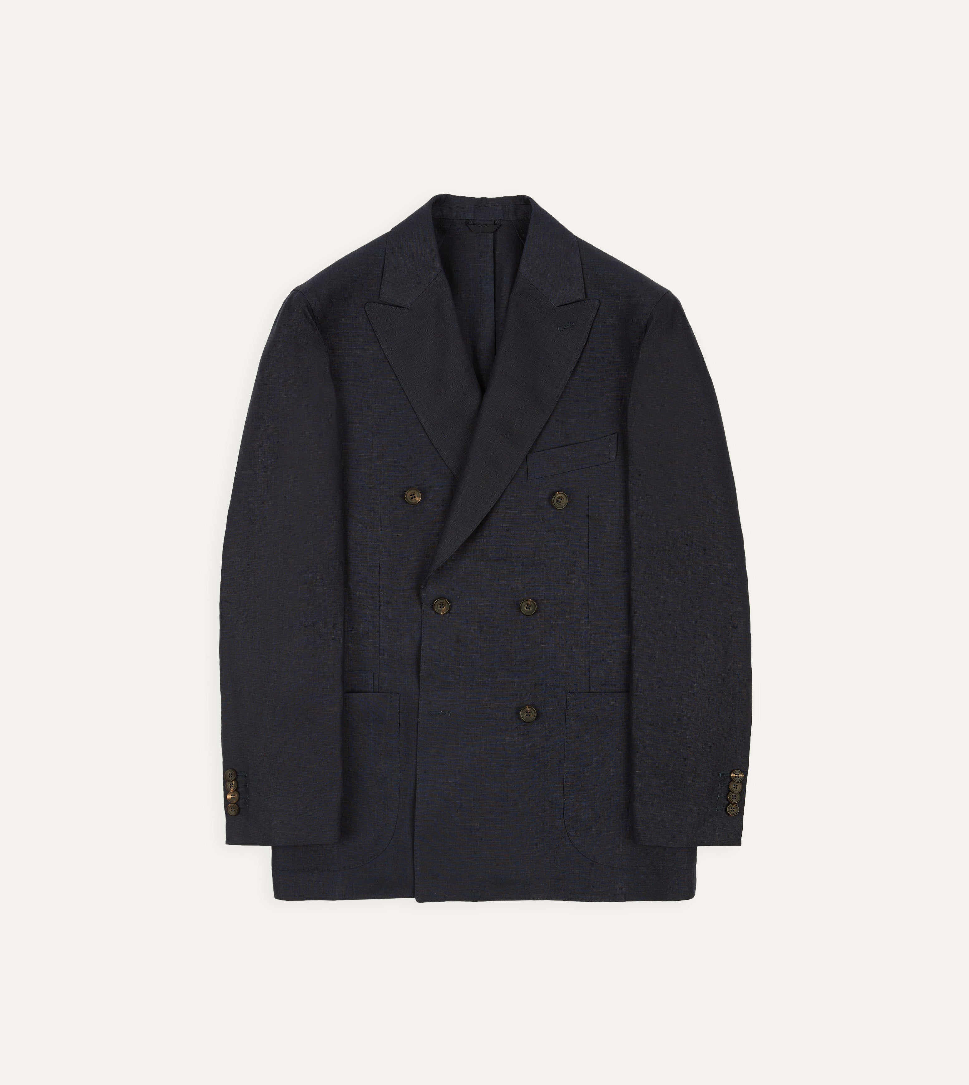 Navy Linen Double-Breasted Tailored Jacket