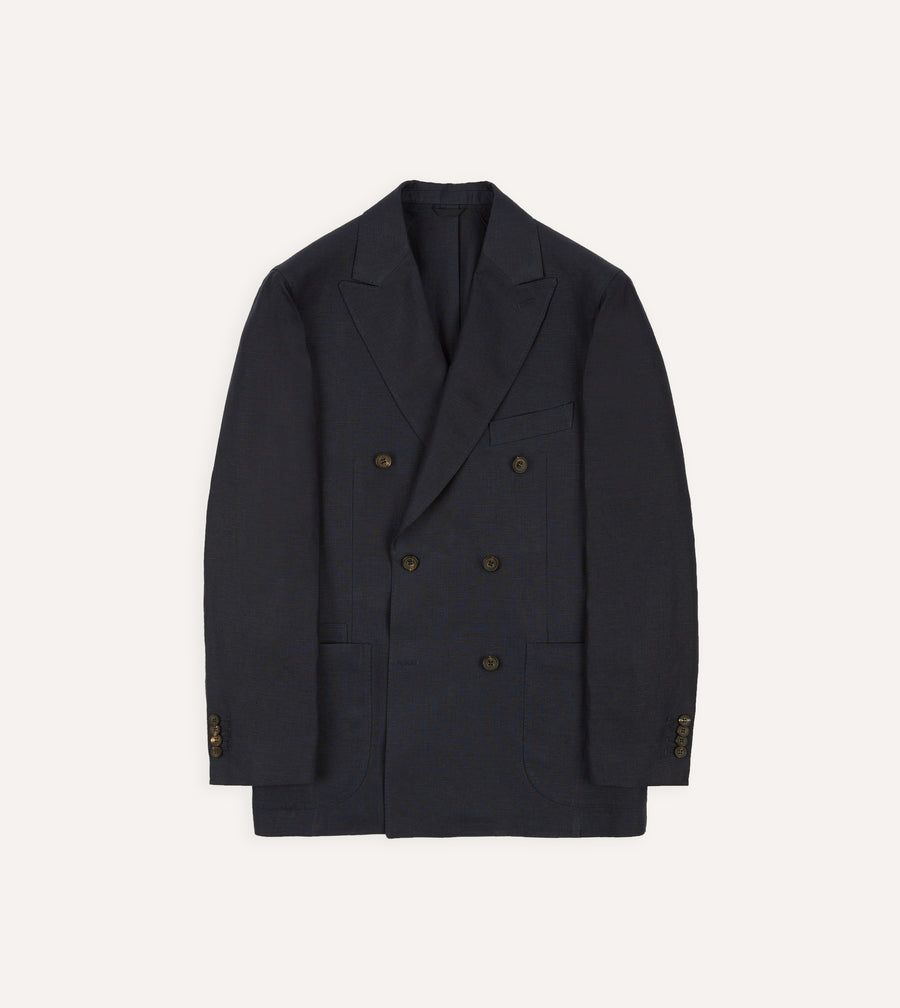 Navy Linen Double-Breasted Tailored Jacket