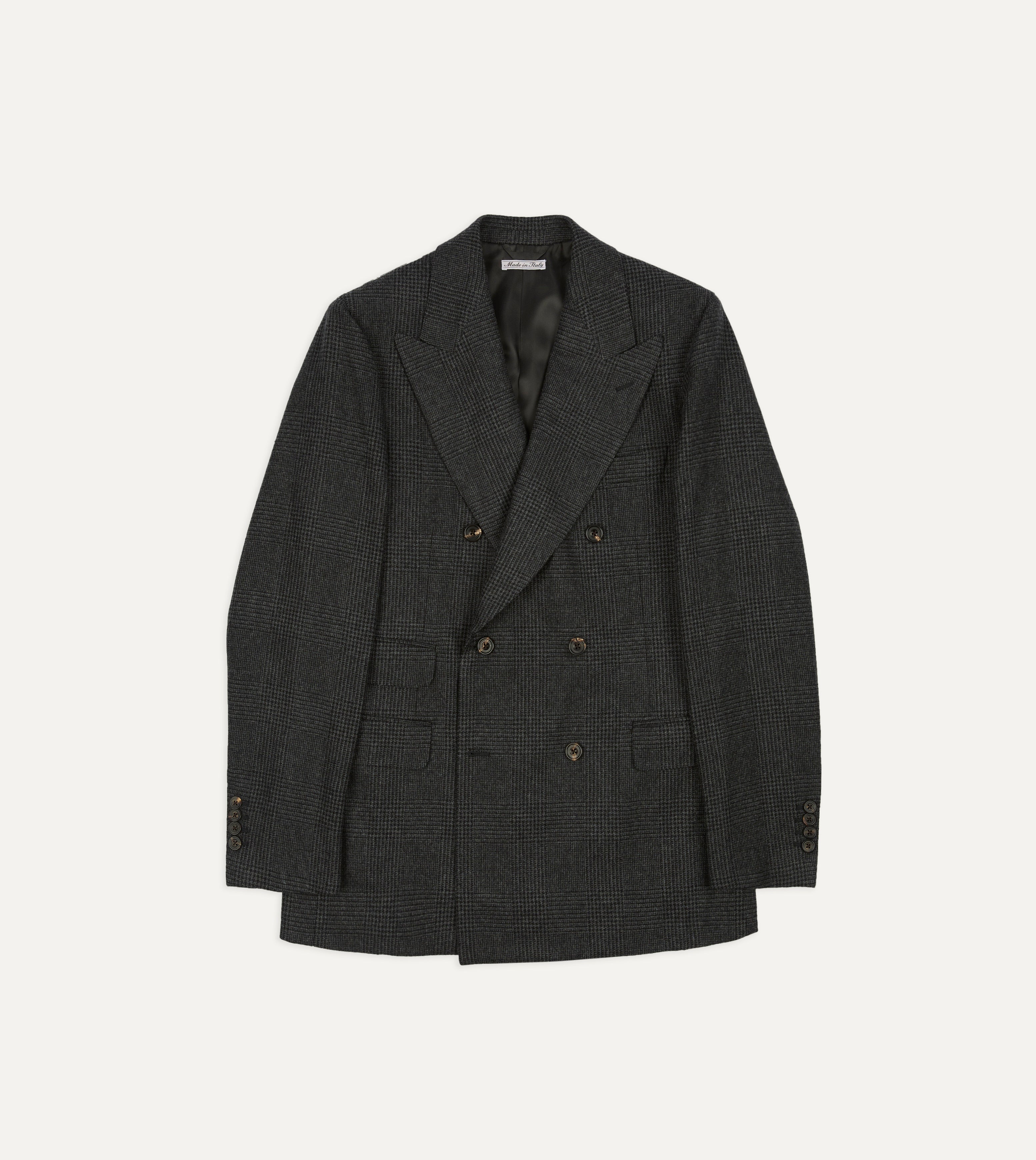 Grey Prince of Wales Check Wool Flannel Double-Breasted Tailored