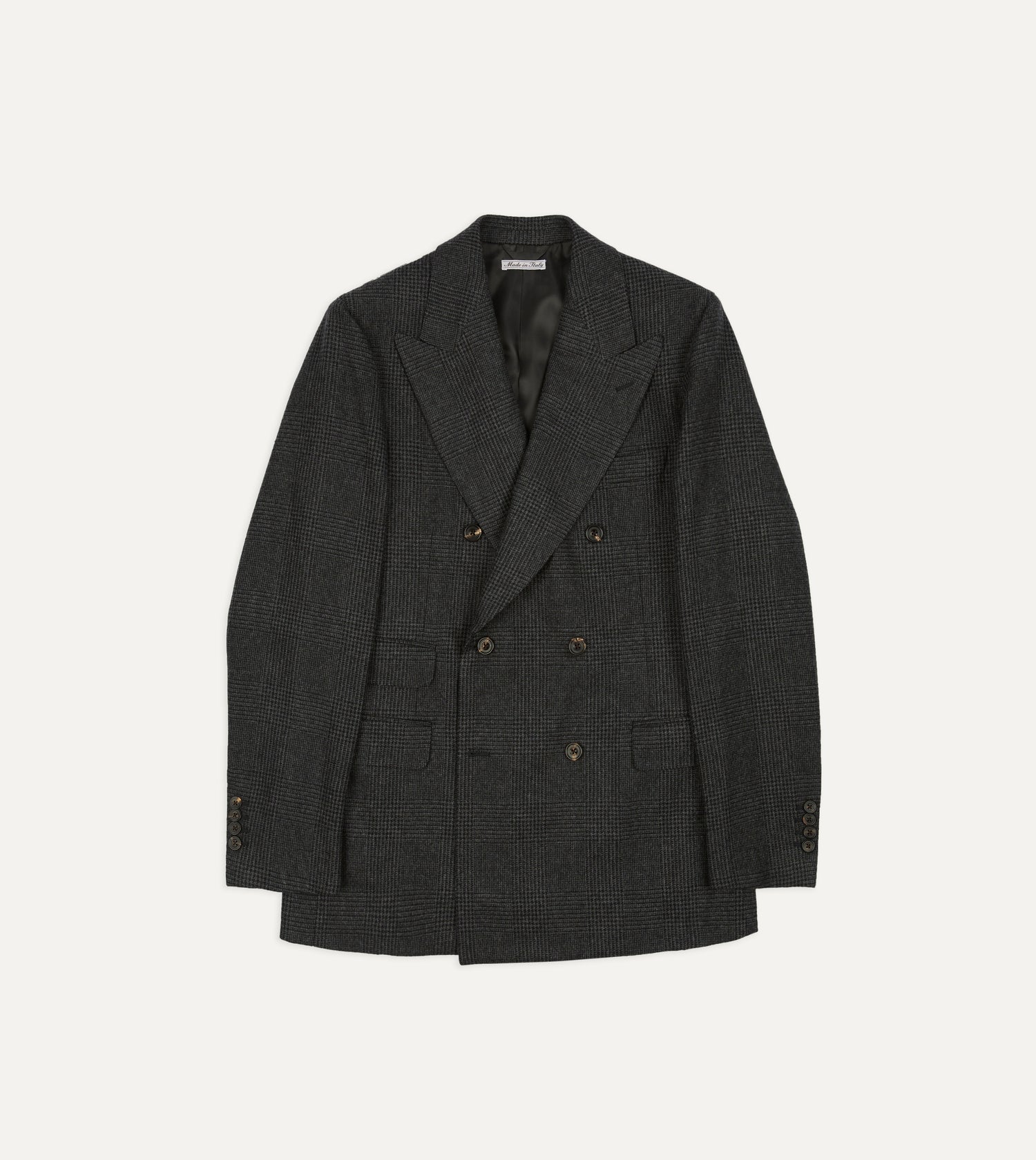 Grey Prince of Wales Check Wool Flannel Double-Breasted Tailored Jacket