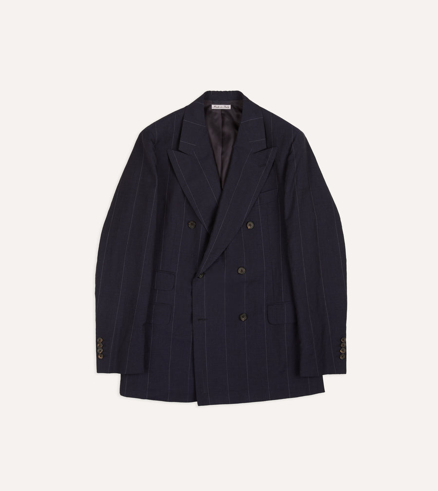 Navy Pinstripe Wool-Linen Double-Breasted Tailored Jacket