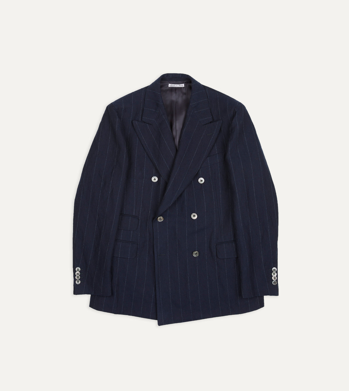 Navy Pinstripe Wool-Cotton Double-Breasted Tailored Jacket