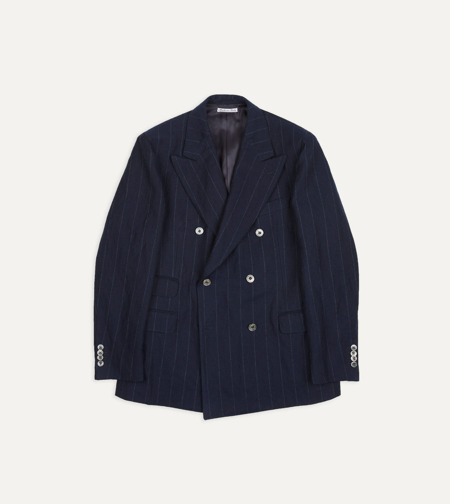 Navy Pinstripe Wool-Cotton Double-Breasted Tailored Jacket