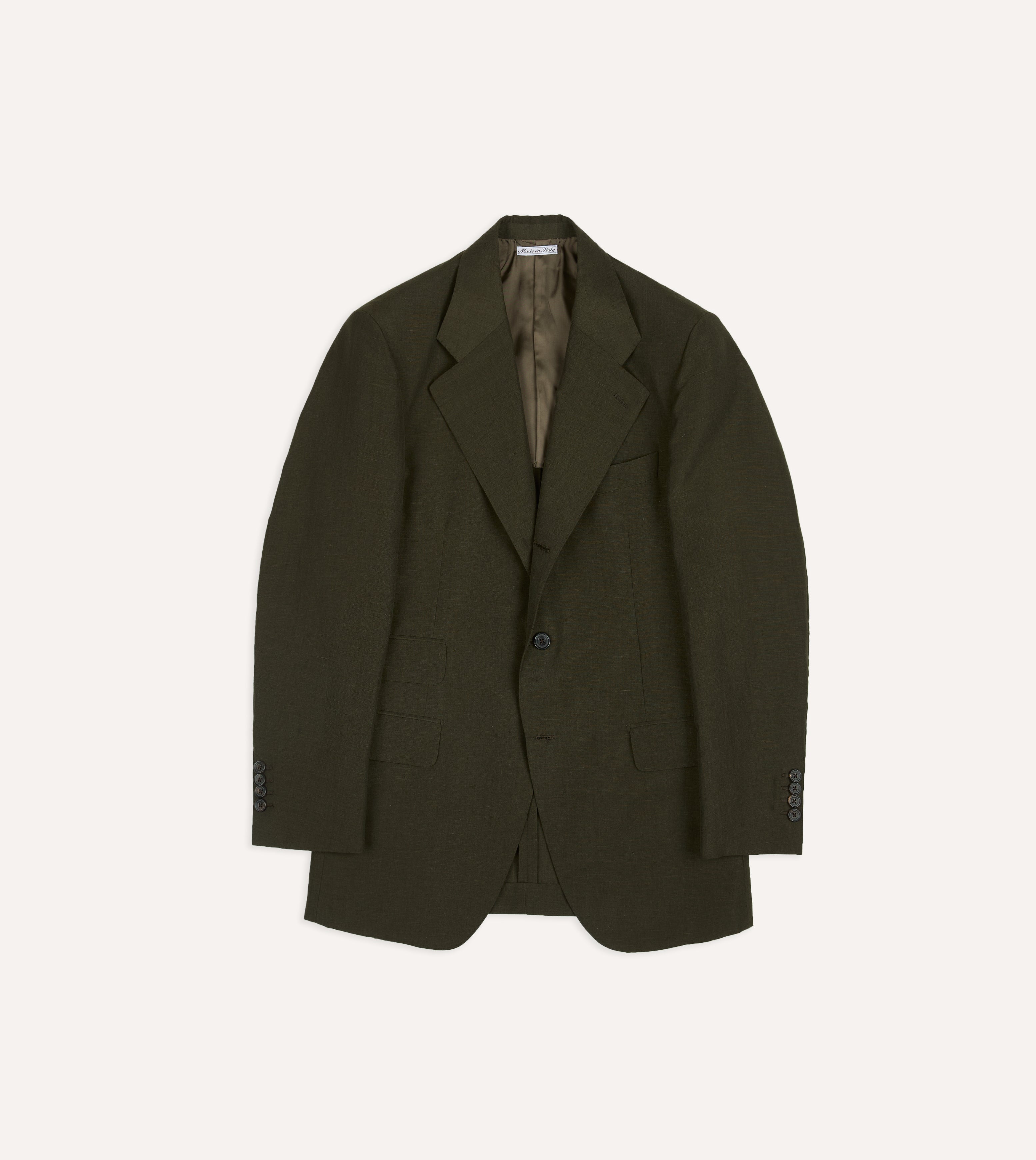 Khaki Green Linen-Wool Tailored Jacket