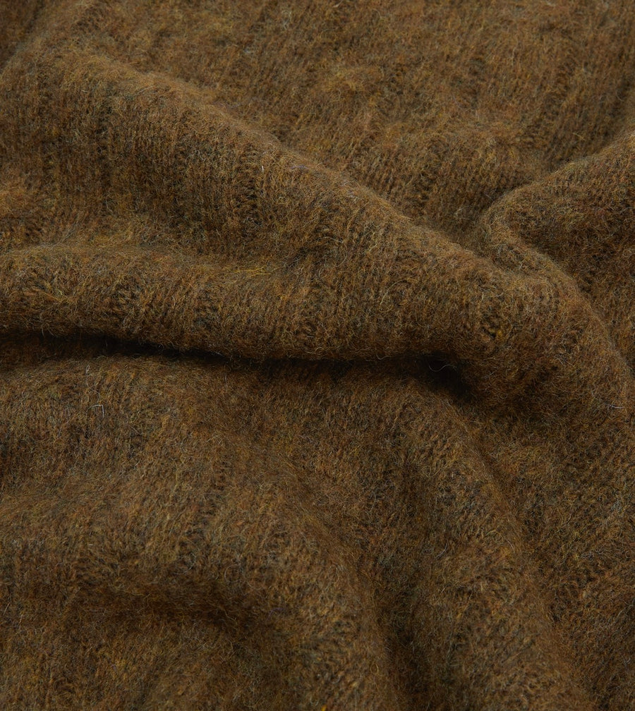 Olive Brushed Cable Knit Shetland Crew Neck Jumper
