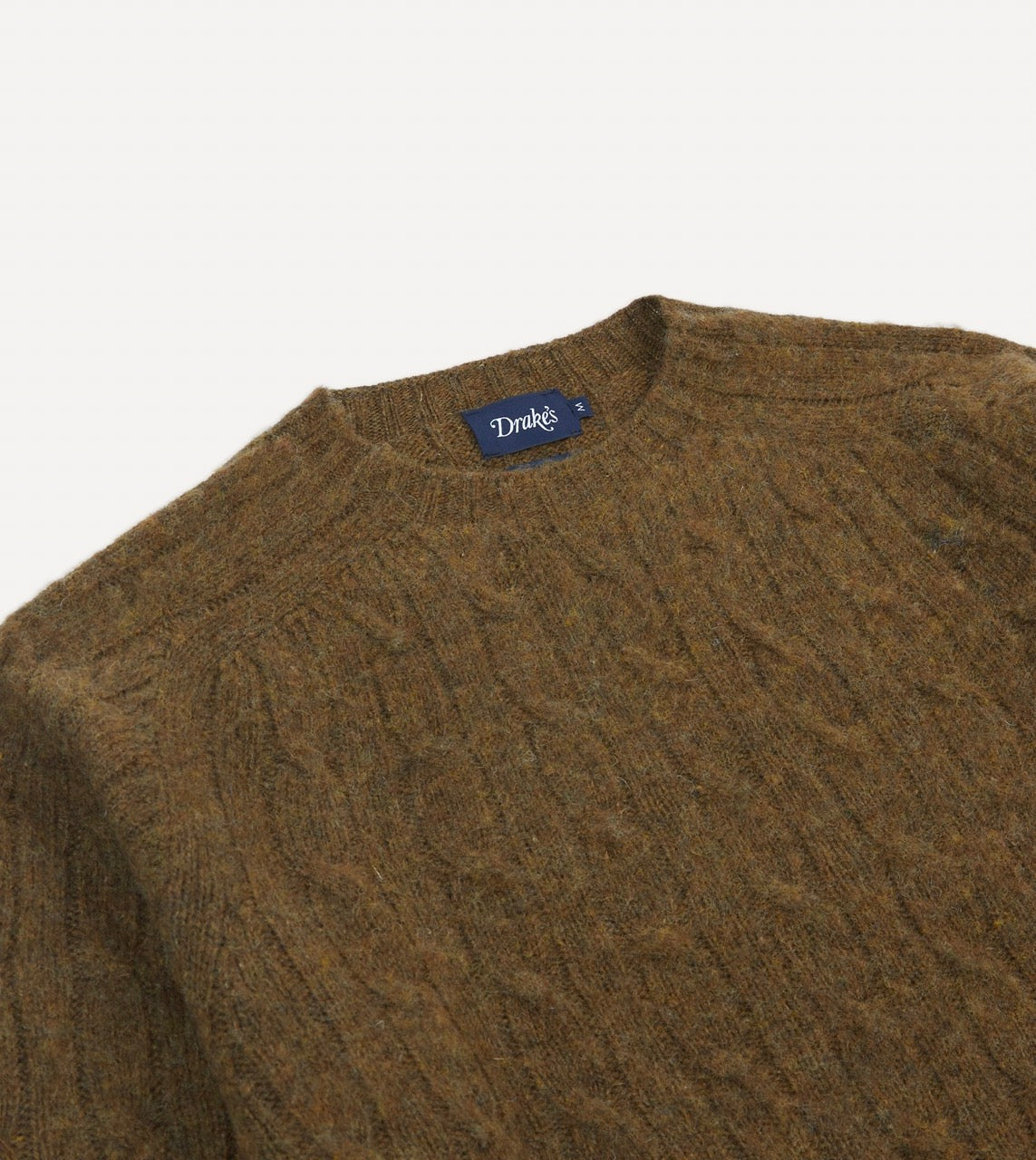 Olive Brushed Cable Knit Shetland Crew Neck Jumper – Drakes US