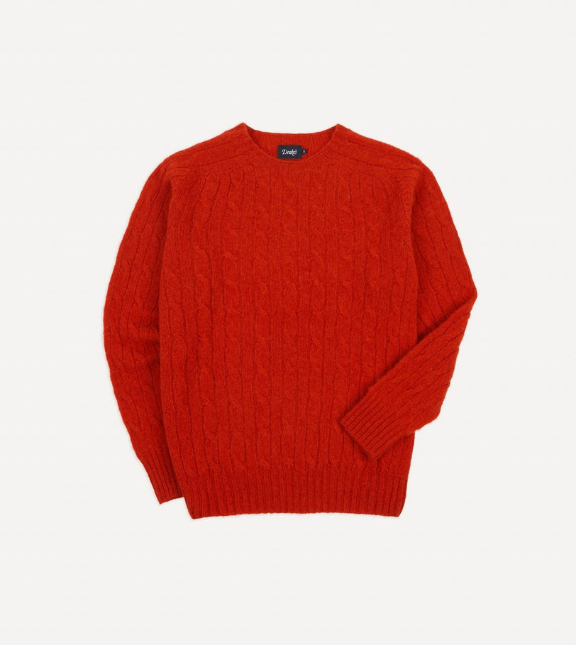 Red Brushed Cable Knit Shetland Crew Neck Jumper