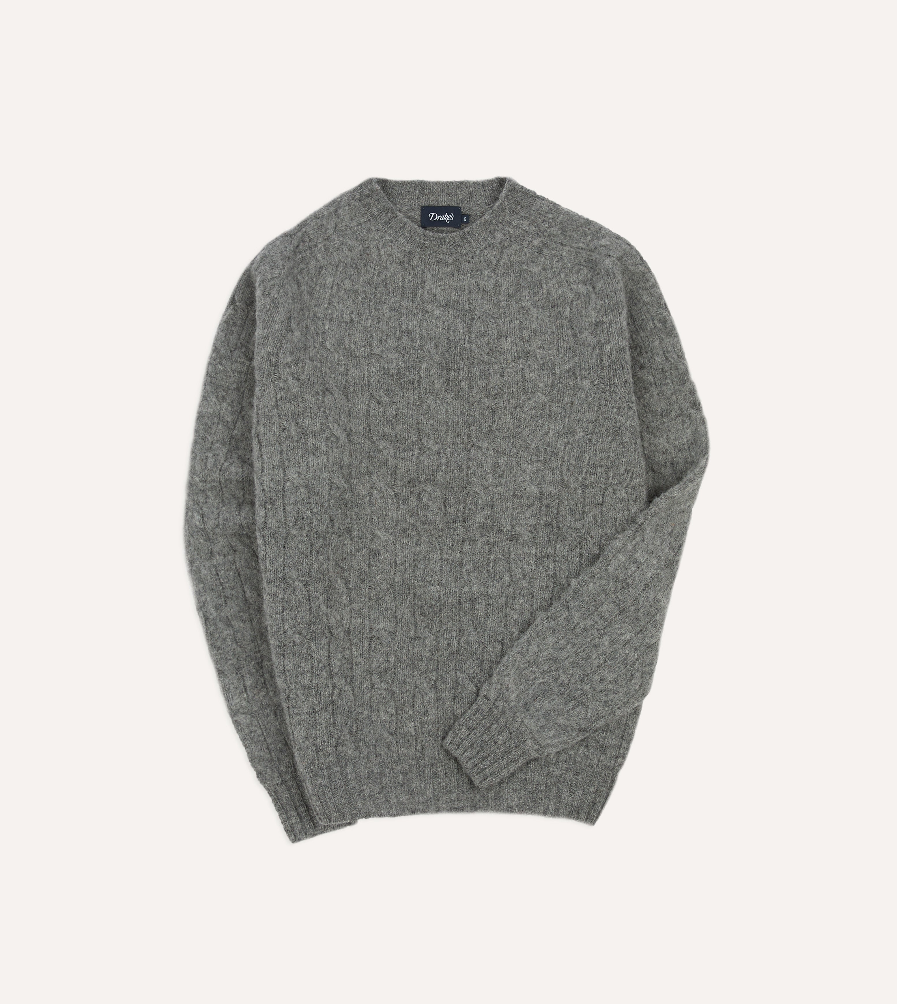 Grey Brushed Shetland Cable Knit Crew Neck Jumper Drakes US