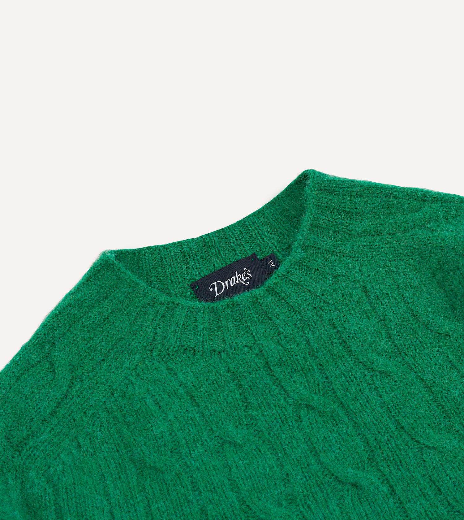 Green Brushed Shetland Cable Knit Crew Neck Jumper – Drakes US