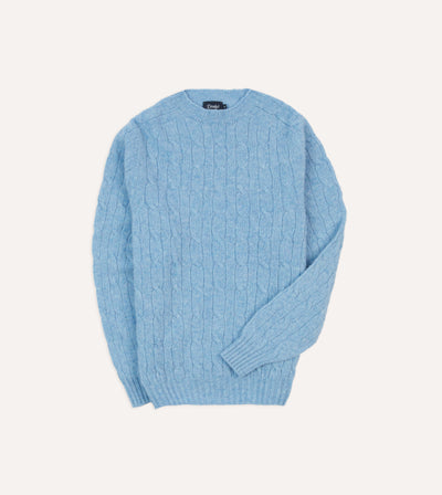 Blue Brushed Shetland Cable Knit Crew Neck Jumper – Drakes US