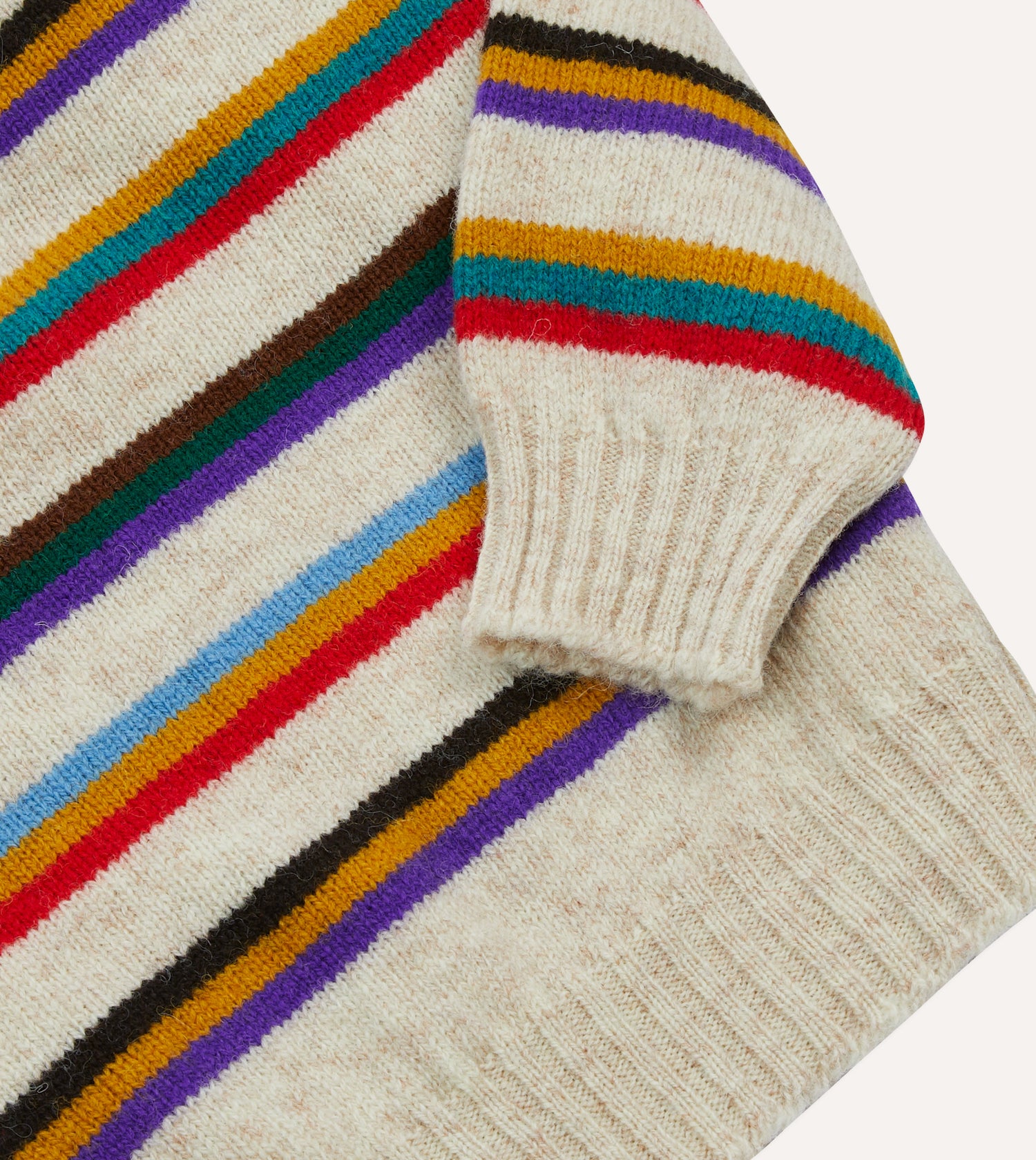 Ecru Multi Thin Stripe Brushed Shetland Crew Neck Jumper