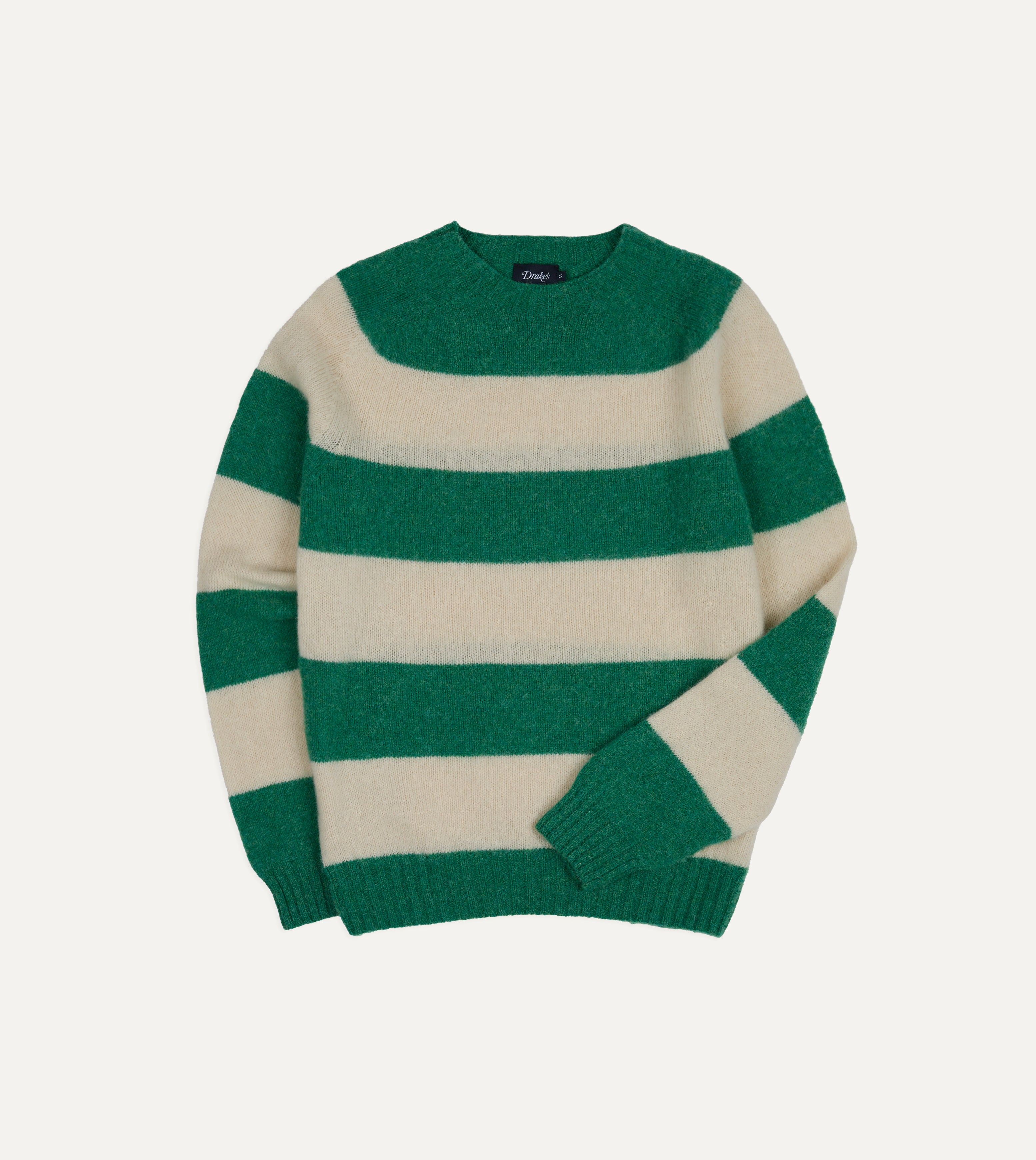 Green and Ecru Stripe Brushed Shetland Crew Neck Jumper
