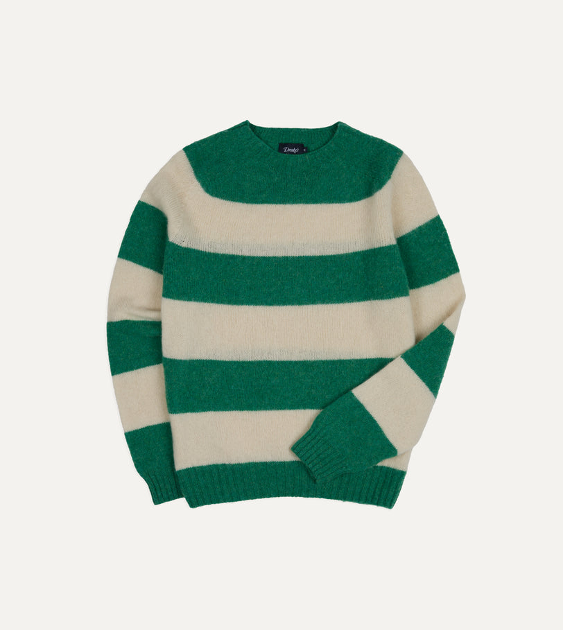 Green and Ecru Stripe Brushed Shetland Crew Neck Jumper