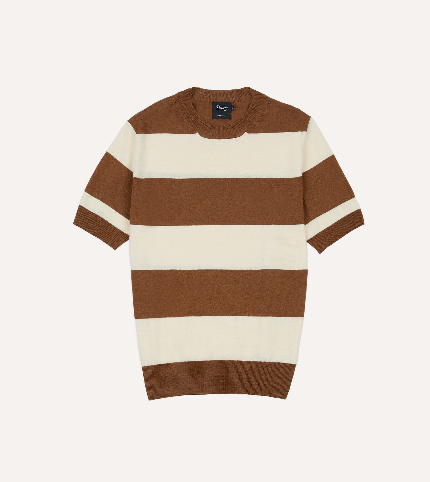 Ecru and Tobacco Stripe Crew Neck Knitted T-Shirt