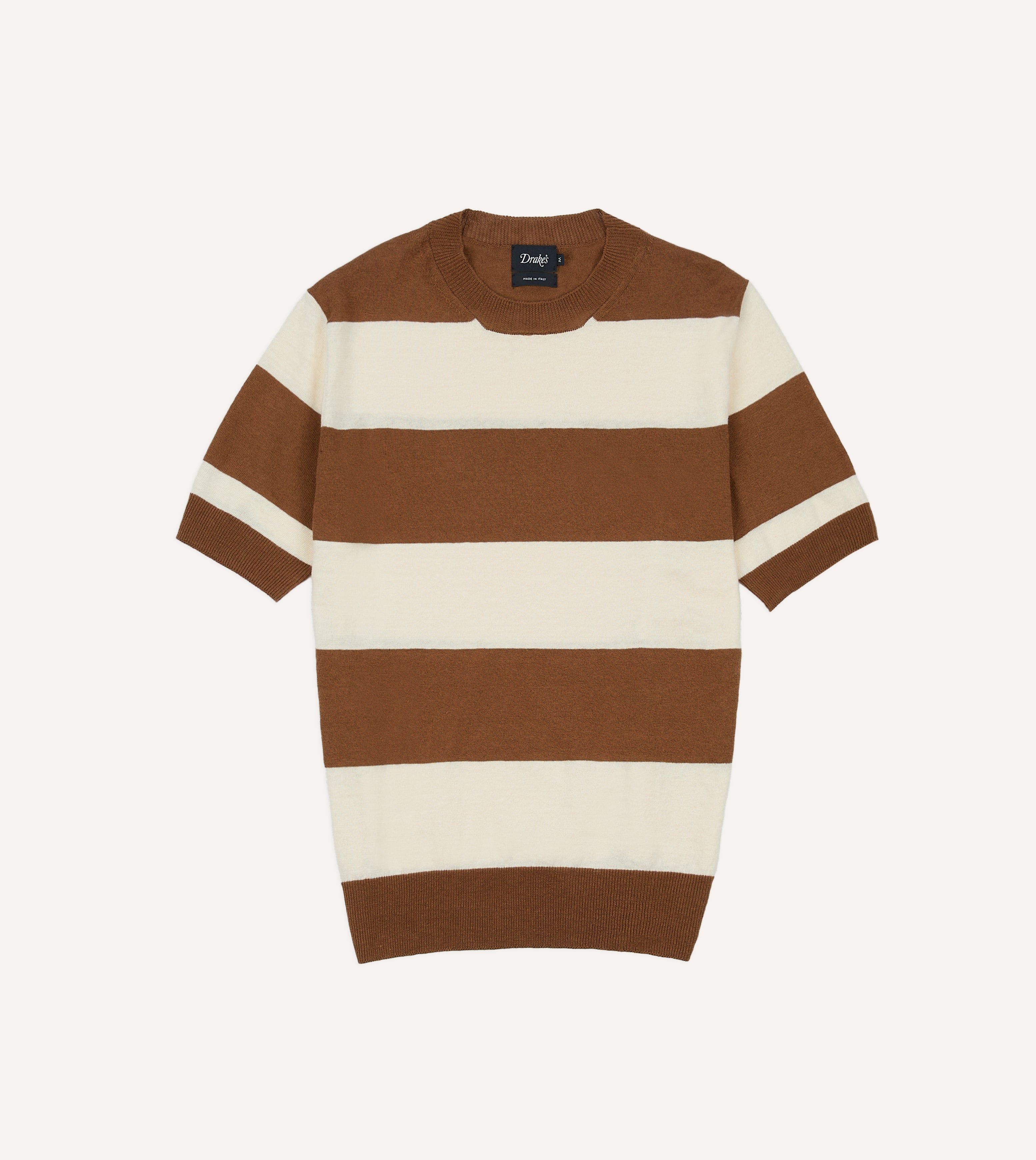 Ecru and Tobacco Stripe Crew Neck Knitted T-Shirt