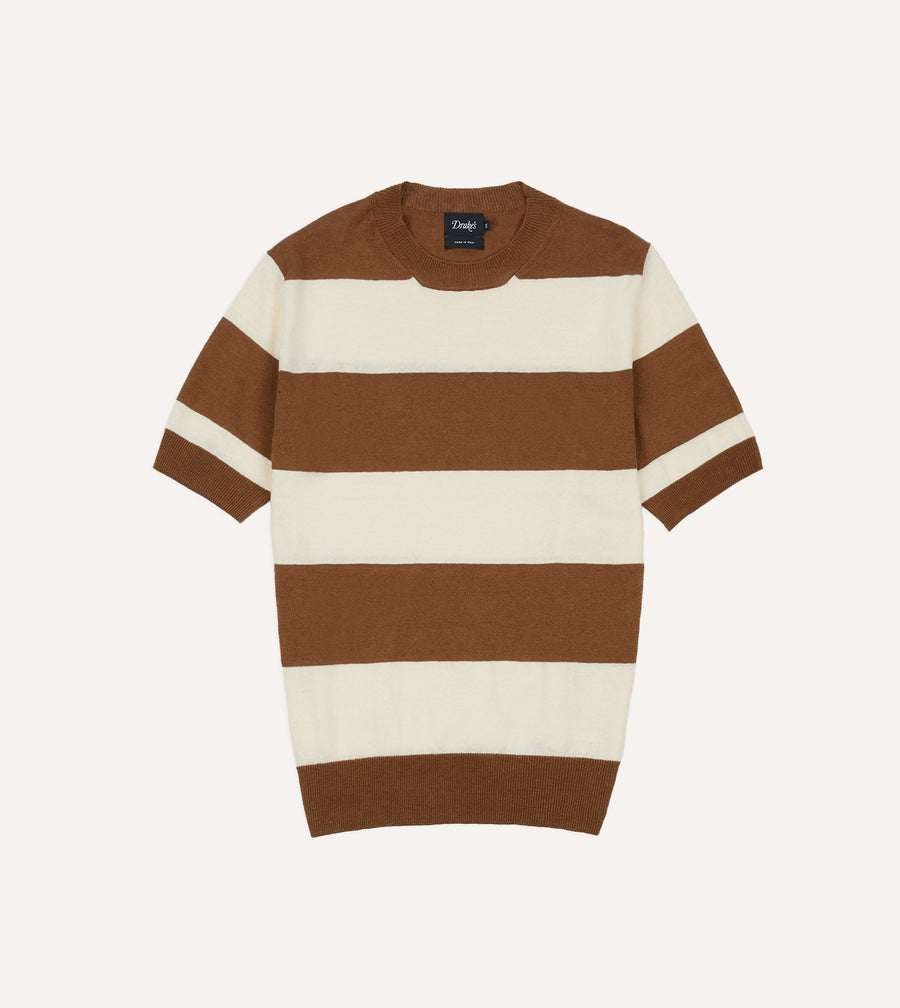 Ecru and Tobacco Stripe Crew Neck Knitted T-Shirt