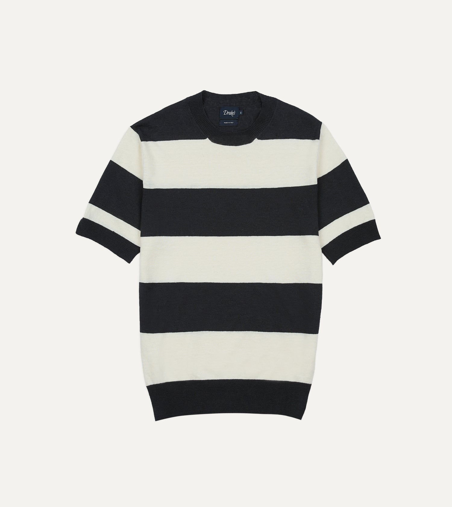 Ecru and Charcoal Stripe Crew Neck Knitted T-Shirt