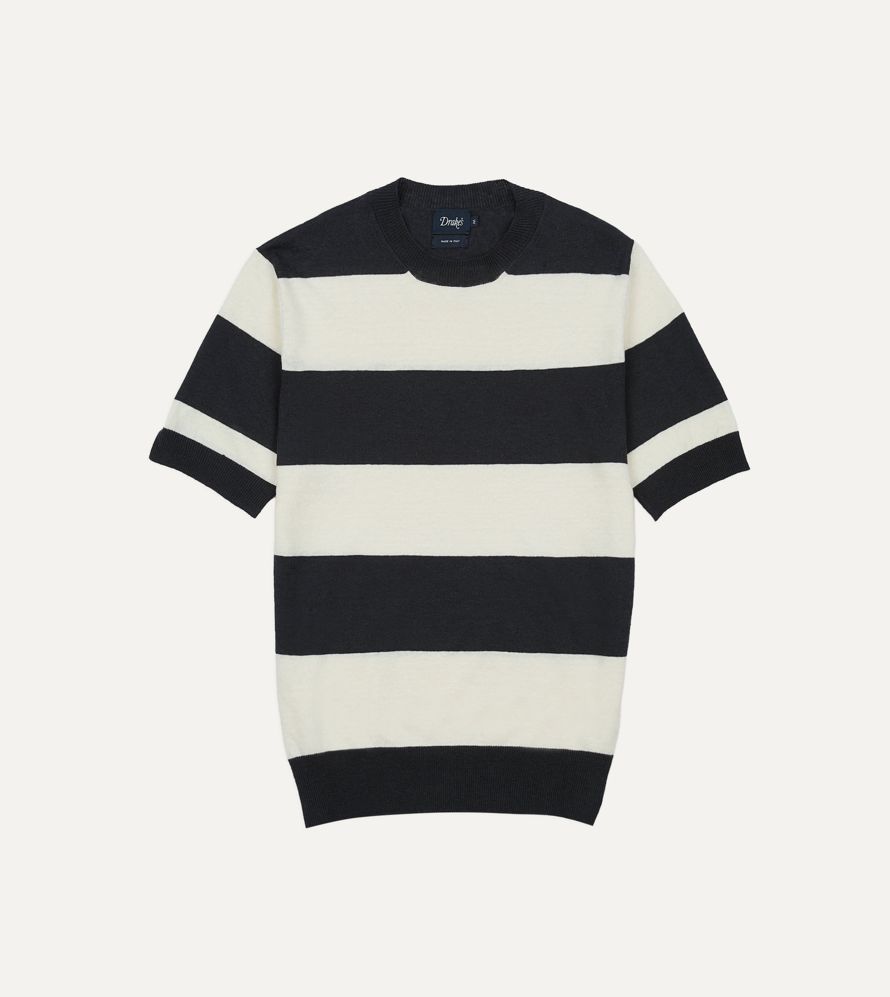 Ecru and Charcoal Stripe Crew Neck Knitted T-Shirt