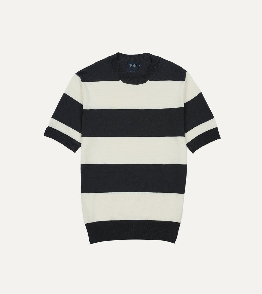 Ecru and Charcoal Stripe Crew Neck Knitted T-Shirt