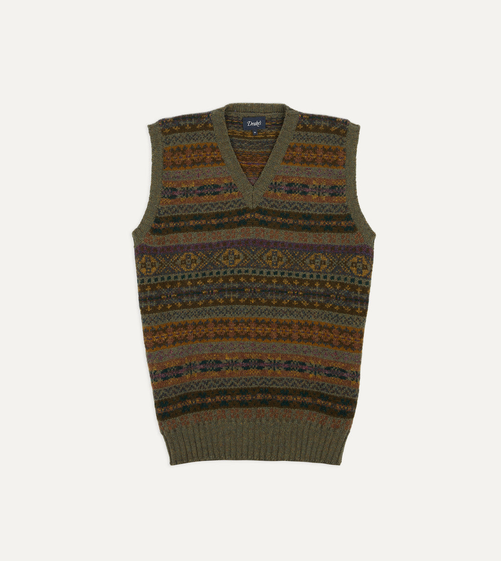 Green Fair Isle Lambswool Sleeveless V-Neck Jumper – Drakes US