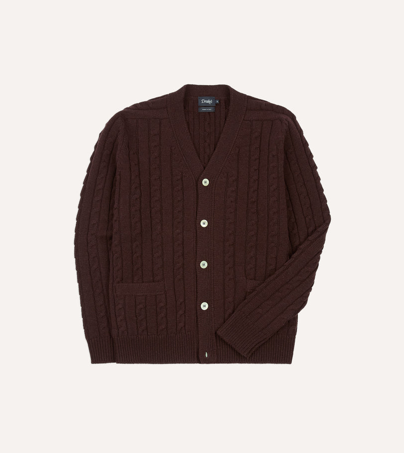 Brown Lambswool 6 Button Cable Knit Cardigan