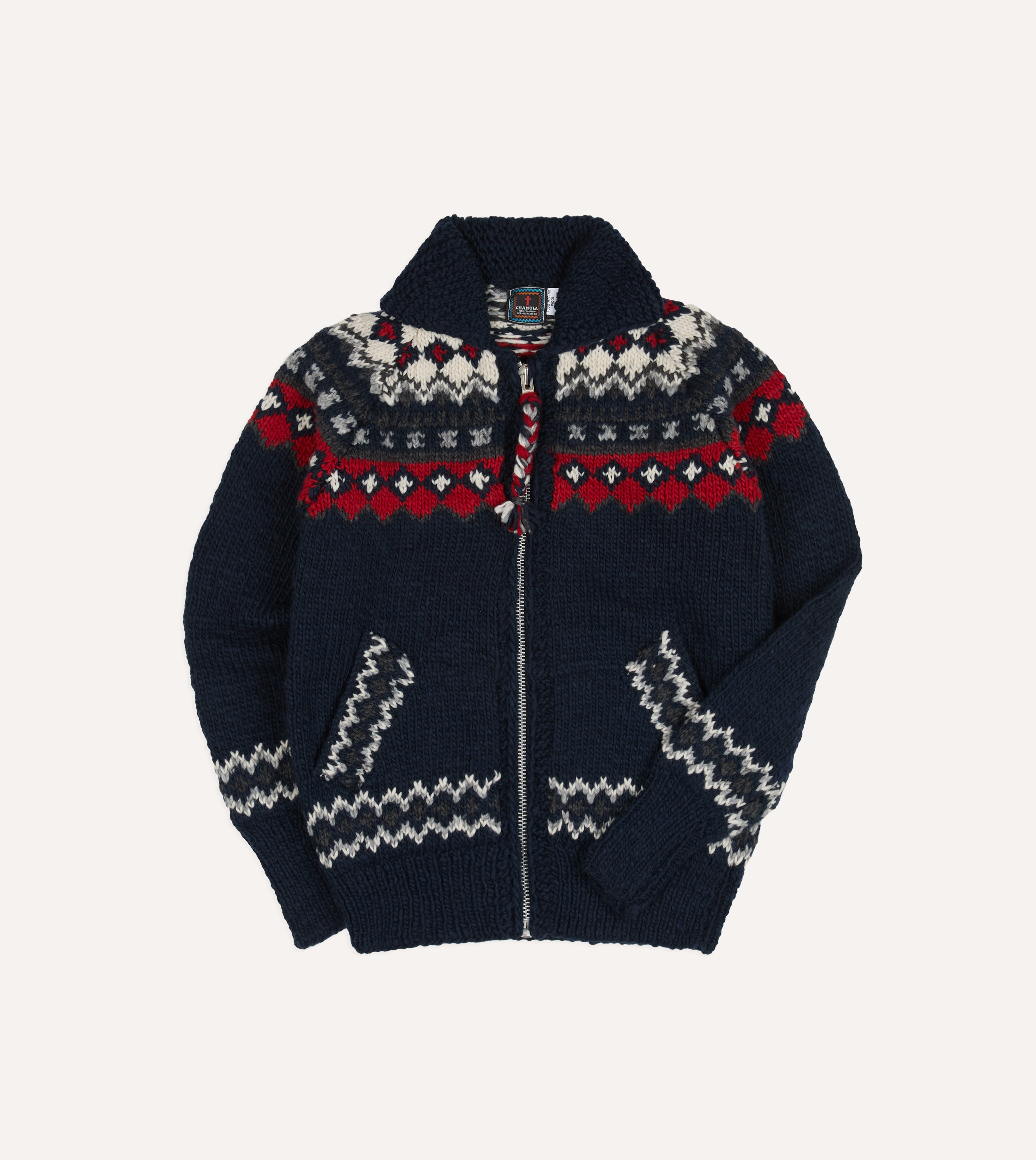 Chamula Navy and Red Fairisle Shawl Collar Cardigan