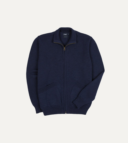 Navy Wool Zip-Through Cardigan – Drakes US
