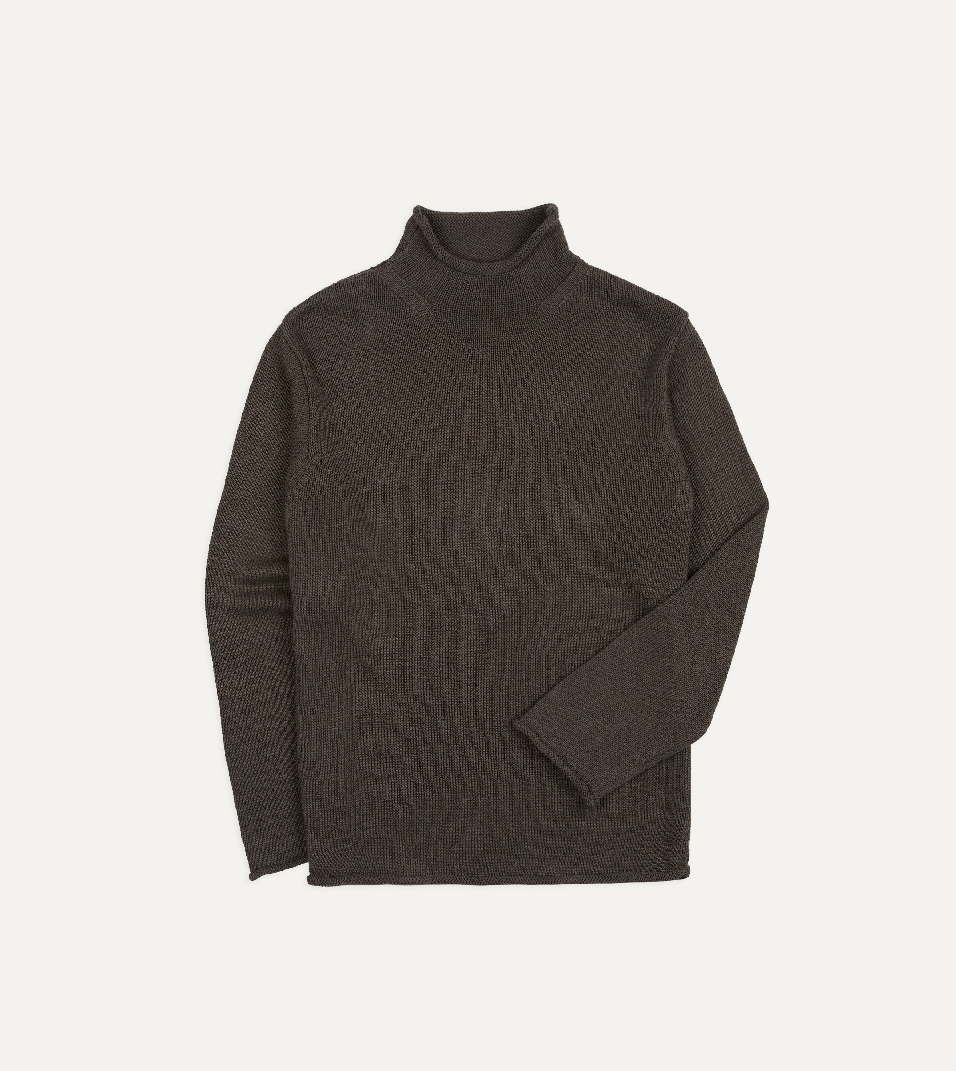 Brown Linen-Cotton Mock Neck Jumper