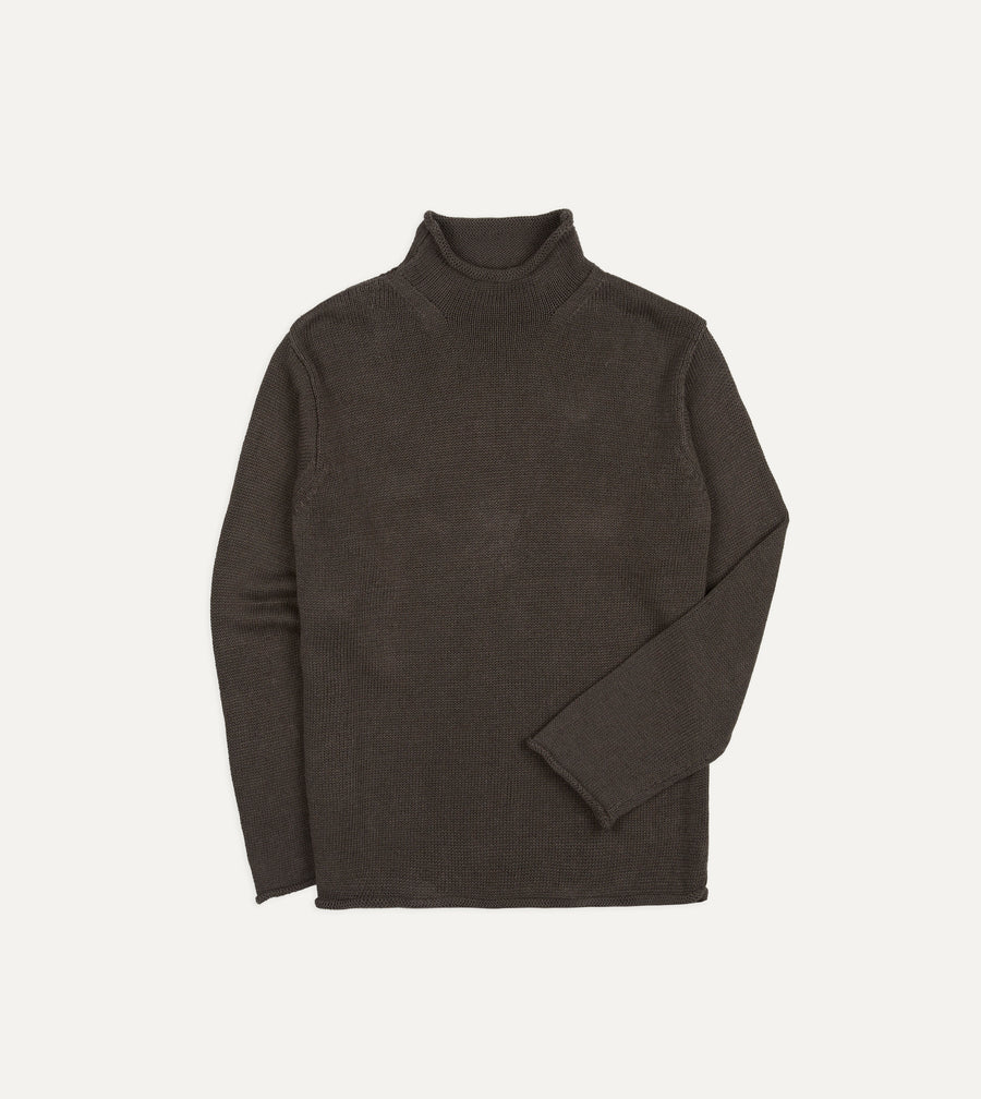 Brown Linen-Cotton Mock Neck Jumper