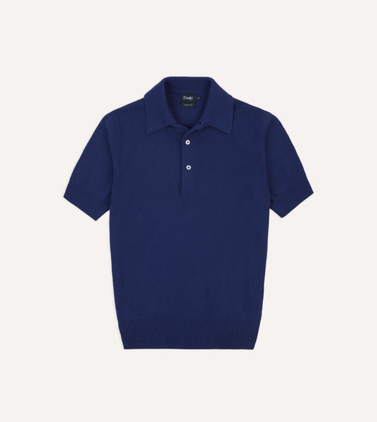 Blue Knitted Crepe Cotton Short-Sleeve Polo Shirt – Drakes US