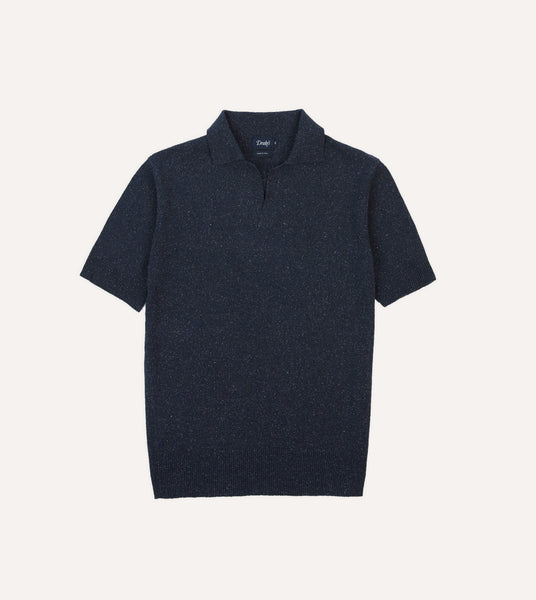 Navy Knitted Silk Short-Sleeve Polo Shirt – Drakes US