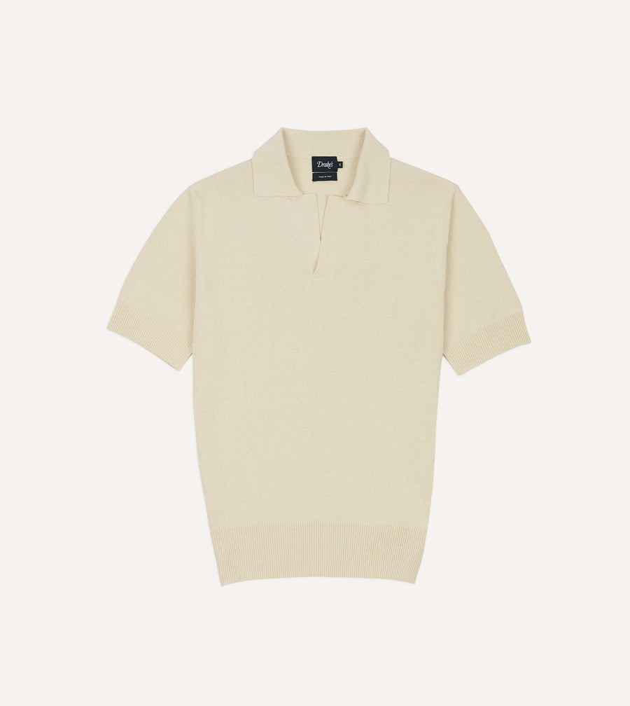 Ecru Knitted Silk Short-Sleeve Polo Shirt