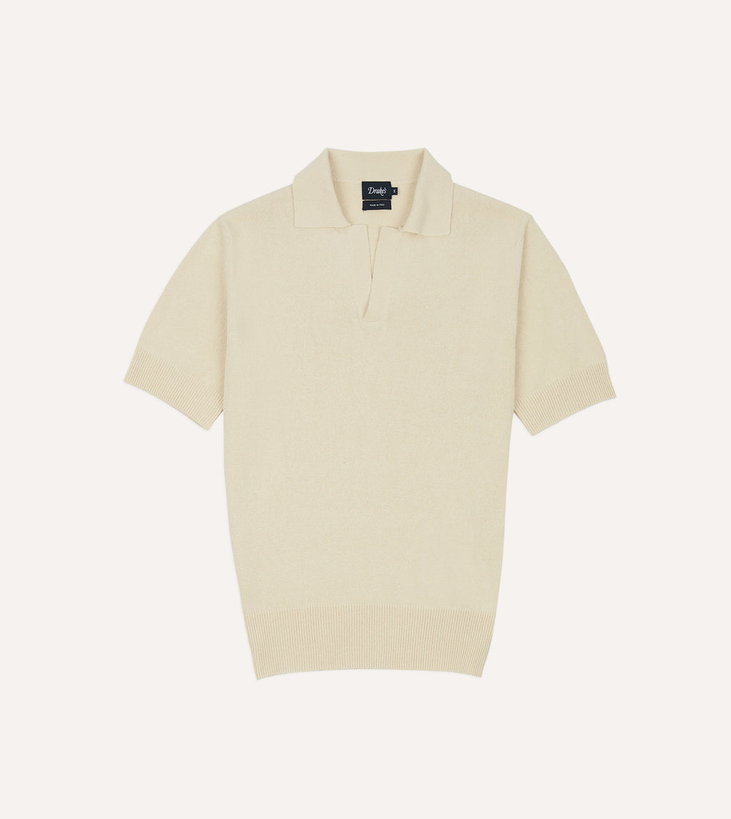 Ecru Knitted Silk Short-Sleeve Polo Shirt – Drakes US