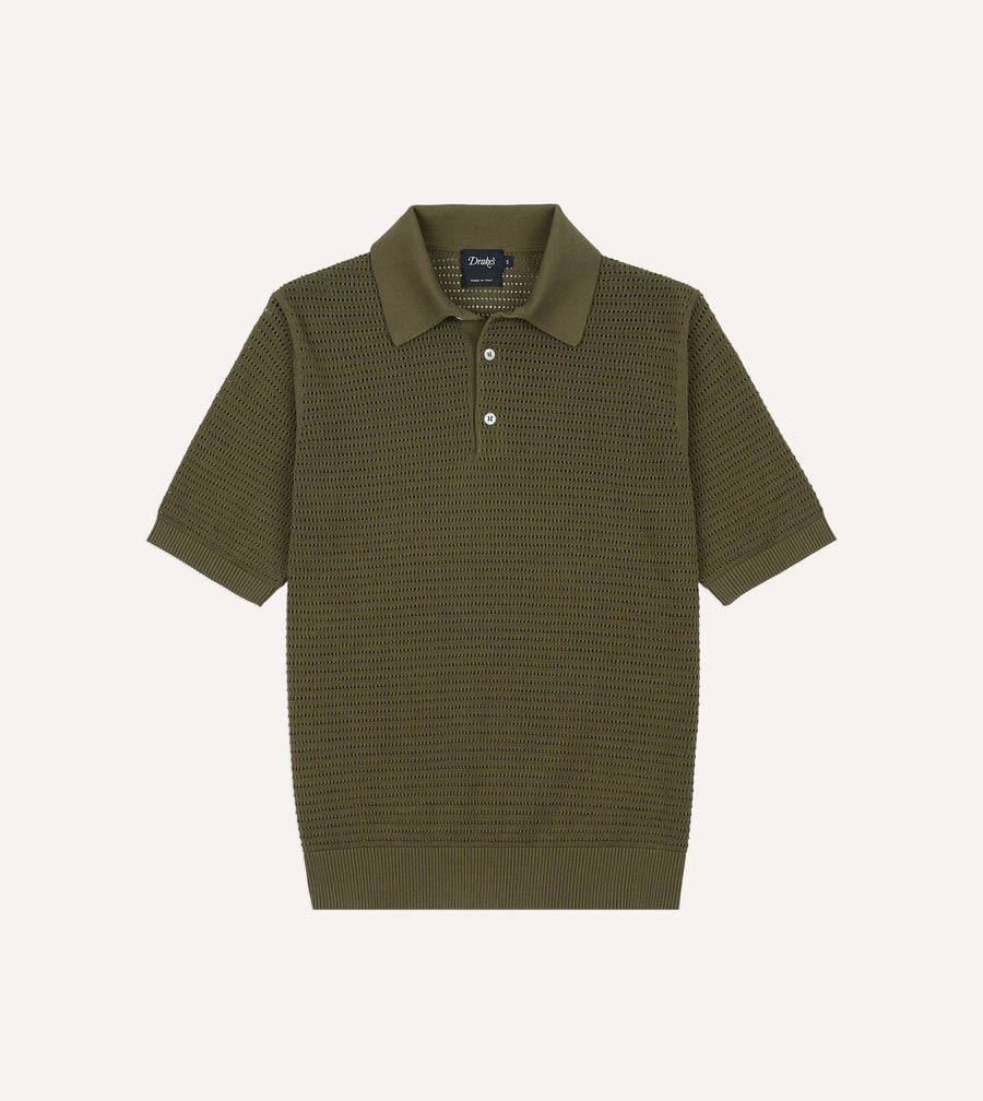 Olive Waffle Knit Cotton Short-Sleeve Polo Shirt